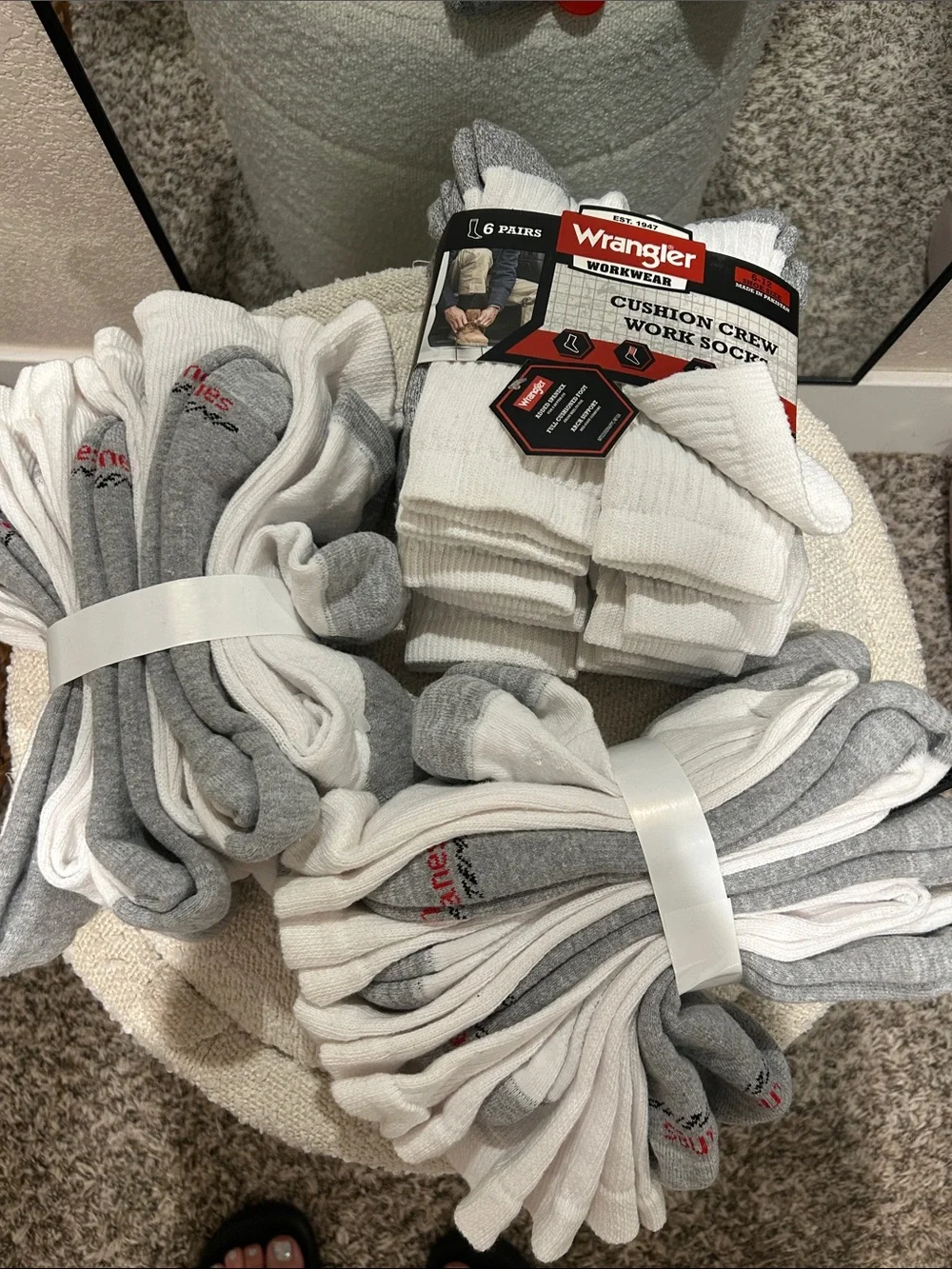 Wrangler and Hanes White & Gray Cushion Crew Work Socks - 3 Pack of 6 NWT